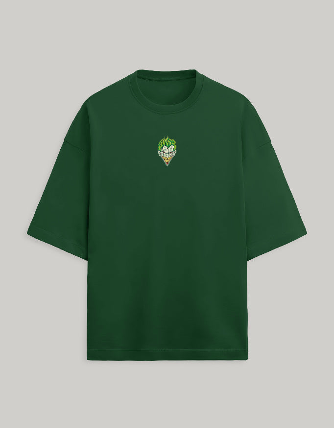 Front view of a Bottle Green oversized Terry cotton t-shirt featuring a small graphic logo on the left chest.