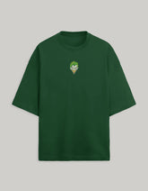 Front view of a Bottle Green oversized Terry cotton t-shirt featuring a small graphic logo on the left chest.