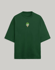 Front view of a Bottle Green oversized Terry cotton t-shirt featuring a small graphic logo on the left chest.