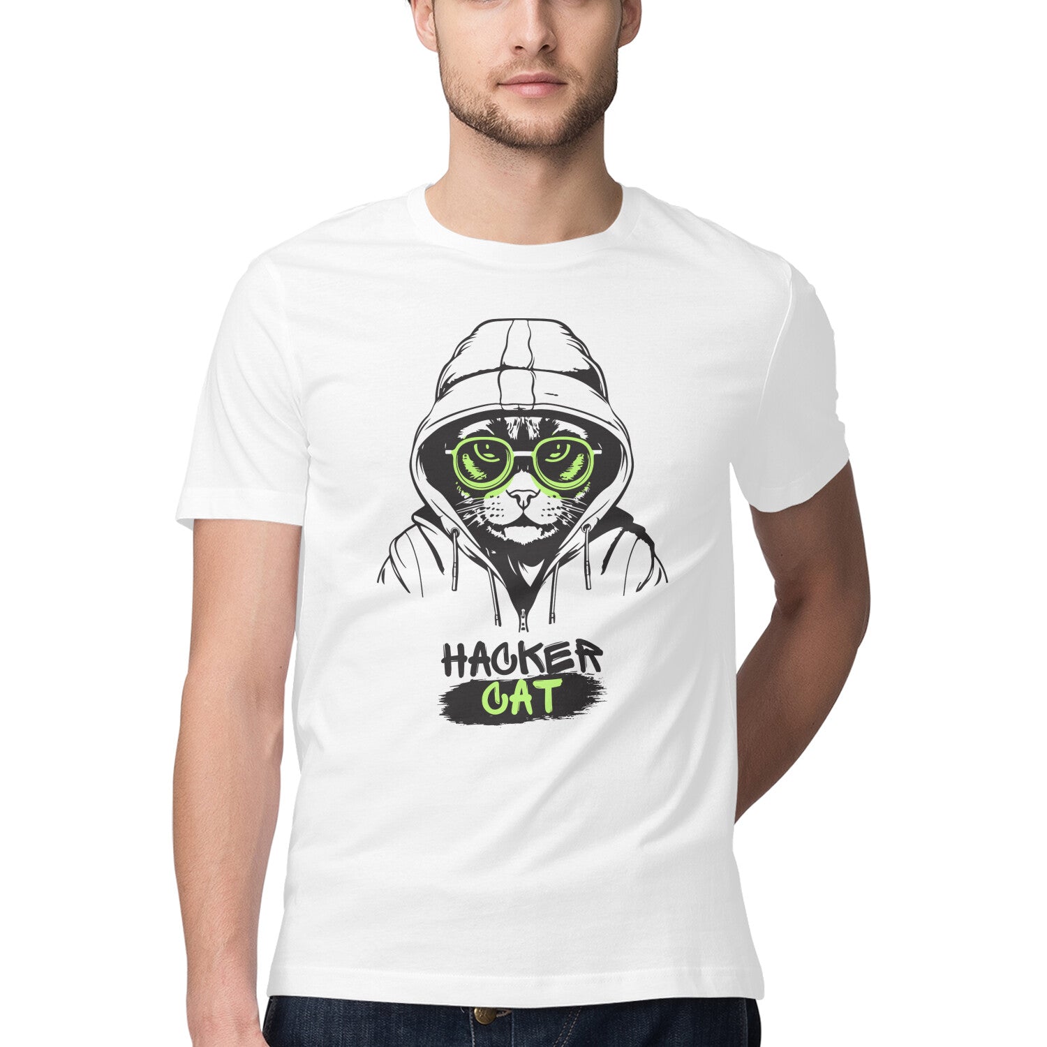 INCsane - Men's White Hacker Cat Graphic Printed T-shirt