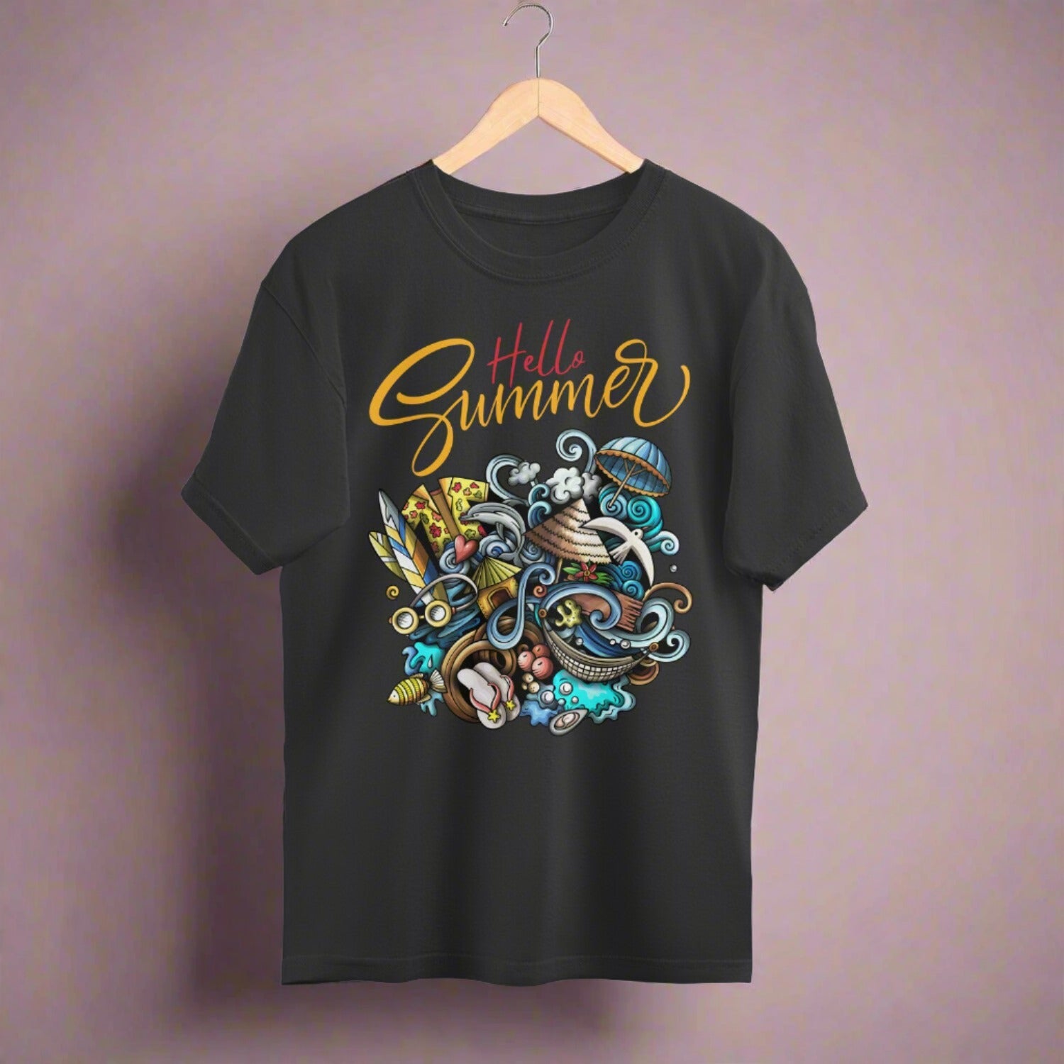 Colorful Festive Illustration Hello Summer Oversized T Shirt for Men