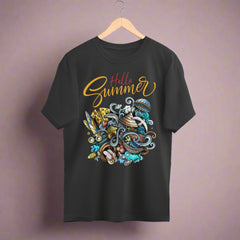 Colorful Festive Illustration Hello Summer Oversized T Shirt for Men