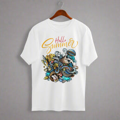 Colorful Festive Illustration Hello Summer Oversized T Shirt for Men