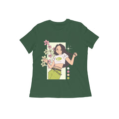 NIñO - Olive Green Urban Floral Streetwear Slim Fit T Shirt For Women
