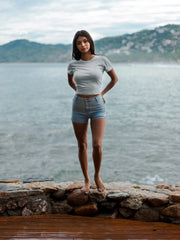 Women's Mélange Grey Slim Fit Crop Tops