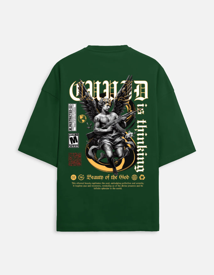 Back of the heavy Terry cotton bottle green oversized t-shirt from the INCsane NOIR/PLUS collection showing the roomy fit.