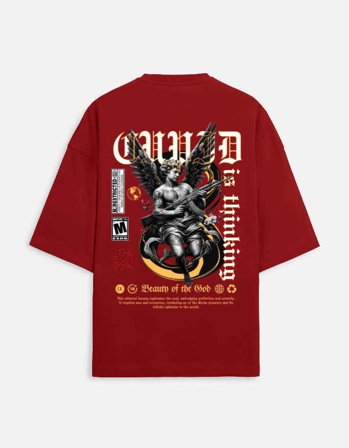 Back view of the INCsane UT27 red oversized t-shirt showing the drop shoulder cut and heavyweight Terry drape.