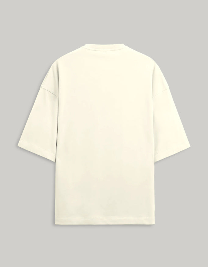 Back view of a plain Off White oversized Terry cotton t-shirt showing the soft fabric texture.