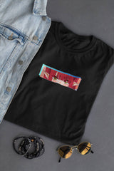 Close-up of the thick 240 GSM cotton fabric and reinforced collar stitching on the NOA Marin Kitagawa-inspired luxury anime tee.